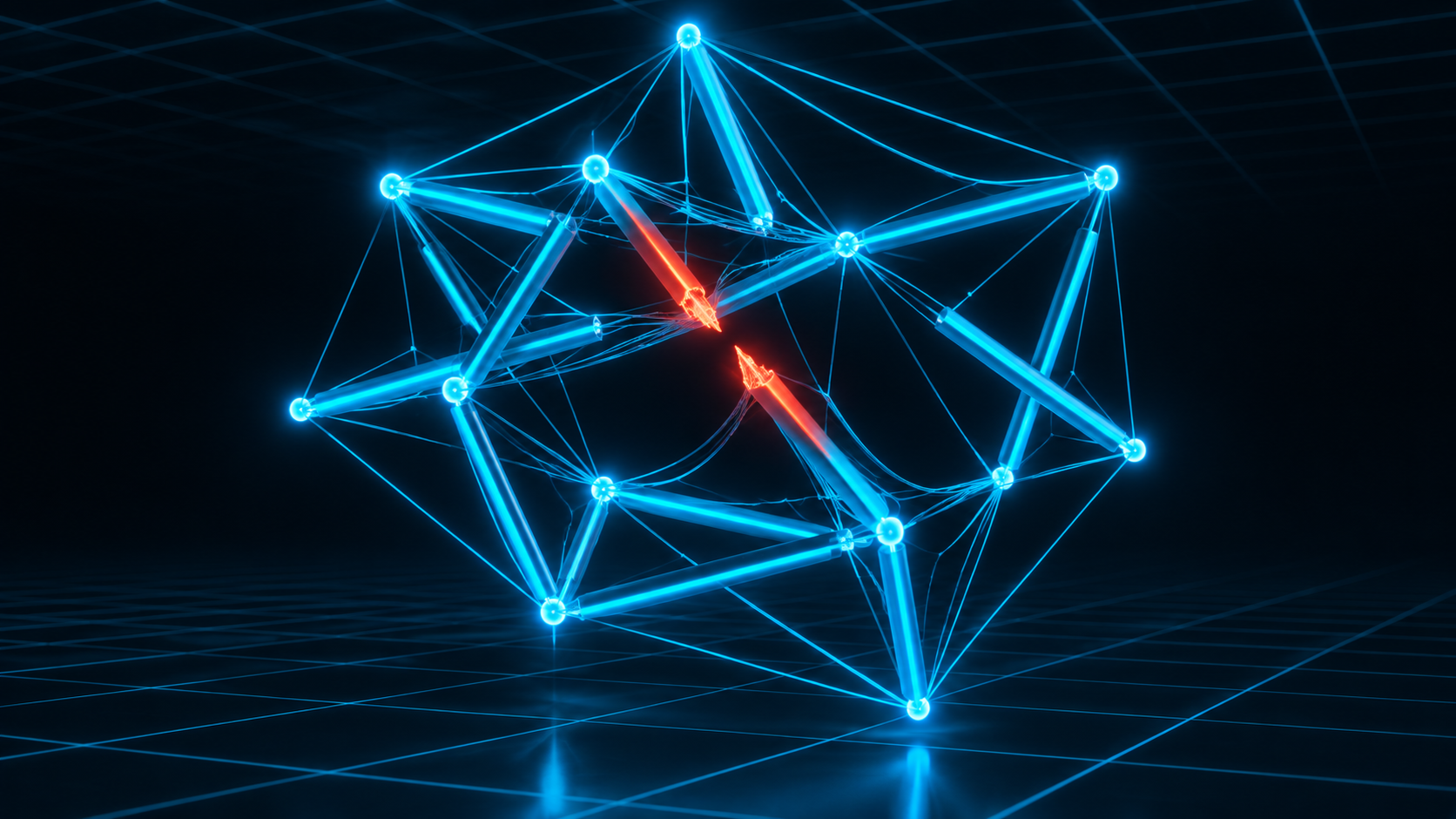 A luminous tensegrity structure with glowing cyan struts held in balance by tension; one strut has snapped and glows red, and the surrounding cables buckle as the load redistributes through the whole.