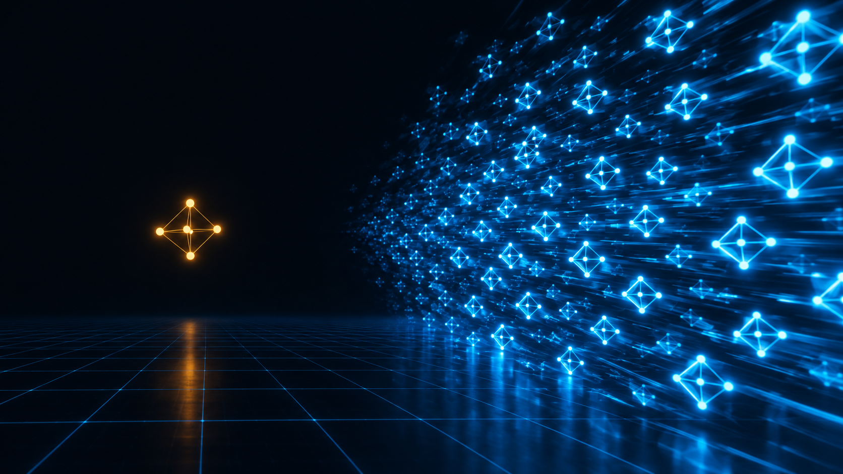 A single lone amber coordination unit on the left, dwarfed by the same unit multiplied into a vast swarm of identical cyan copies streaming in at high speed from the right, dense and overwhelming.