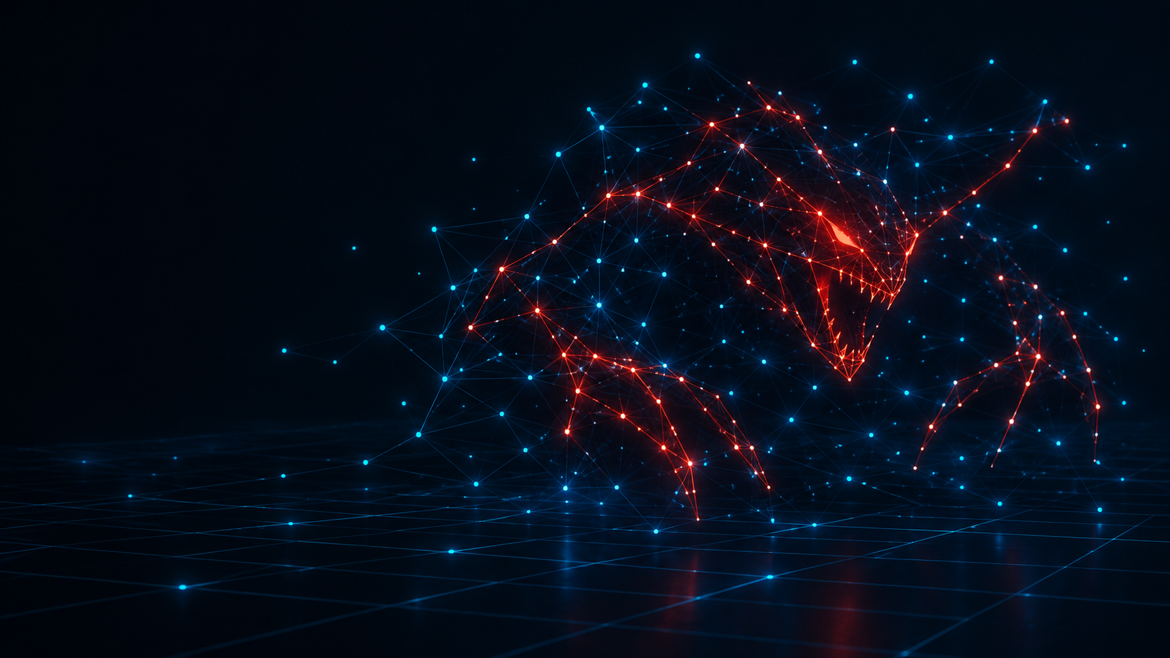 A field of calm blue glowing points, each one benign, whose connecting lines together trace the unmistakable red silhouette of a predatory creature, visible only when the points are seen as a whole.