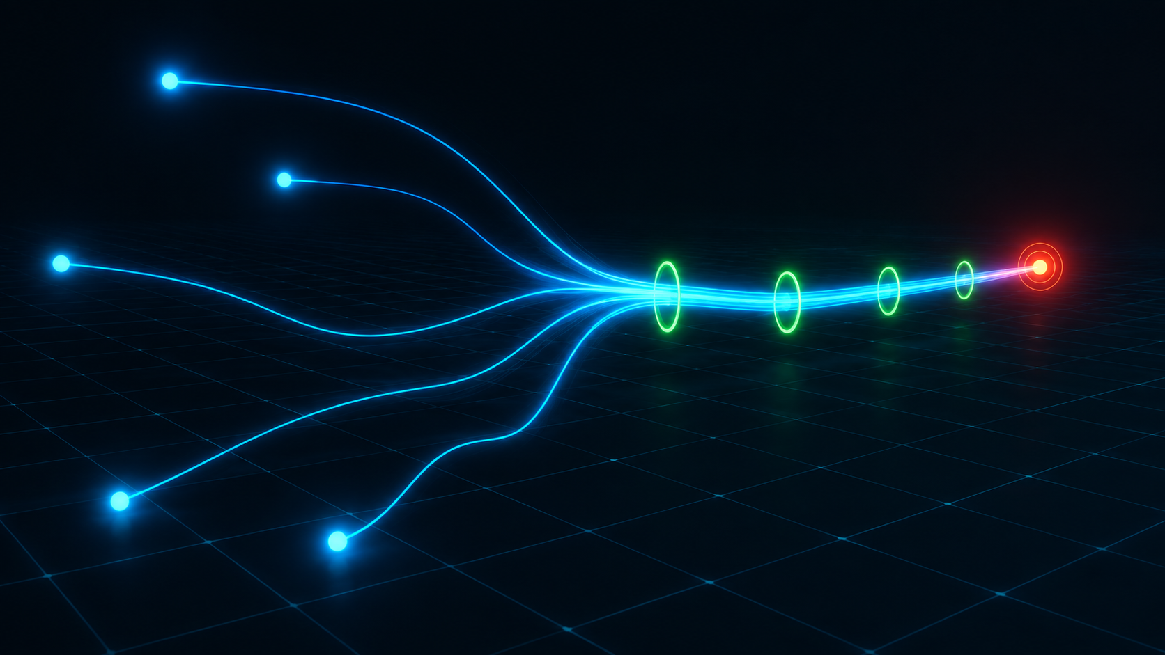 Several independent glowing cyan trails, each starting from a different node, all converging onto one shared path through green ring checkpoints and ending together at a single bright red danger node.
