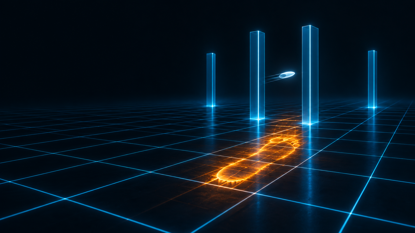 A glowing cyan grid floor with tall luminous pillars; a small object slips through the gap between two pillars untouched, but presses a glowing amber footprint into the grid floor where it passed.